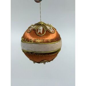 Vintge 70's Large Victorian Inspired Satin Ball Christmas Ornament  Peach Gold